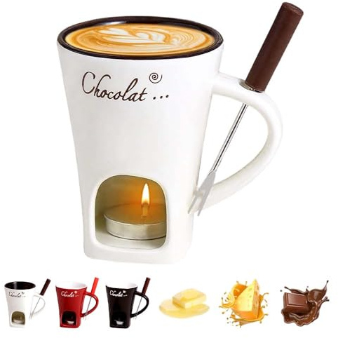 Fondue Chocolat, Tasse à Fondue au Chocolat avec Fourchettes, Service à Fondue en Céramique, Tasse Chauffante, Mug fondue au Chocolat, Fontaine a Chocolat pour Fromage, Beurre, Caramel (Blanc)