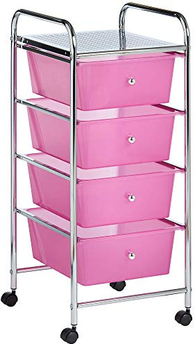 VonHaus 4 Drawer Plastic Storage Trolley, Multipurpose Storage Drawer Rolling Cart, Unit for Home Office Stationery Organisation, Make-up, Beauty - Mobile Design 4 Tier Shelving Castor Wheels (Pink)
