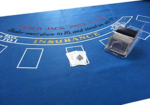 BLACK JACK SET - LARGE BLUE FELT + DEALER SHOE + 2 X PLAYING CARDS