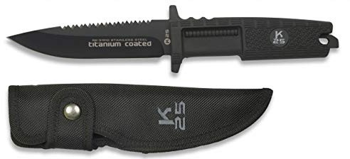 K25 Cuchillo puño Goma Titanium c 12 cm para Caza, Pesca, Camping, Outdoor, Supervivencia y Bushcraft K25 31910 + Portabotellas de regalo
