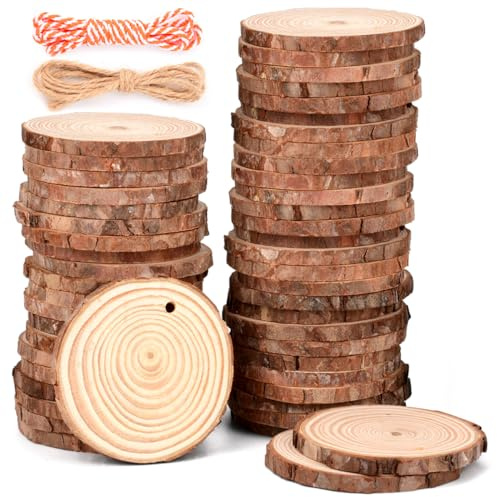 PHILORN 50 PCS Natural Wood Slices 6-7cm Log Slices Unfinished Predrilled Wooden Discs for Crafts, Wooden Circles with Hole and Jute Twine Tree Slices with Bark for DIY Arts Christmas Craft Ornaments