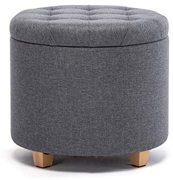 Hnnhome® Poggiapiedi tondo con contenitore integrato, imbottito, in lino, con coperchio, 45 cm (lava)