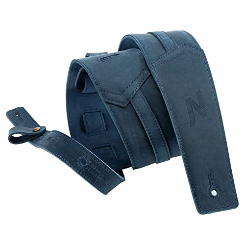 Nefelibata 3 Gitarrengurt, Vollnarbenleder, mit Schaumstoffpolsterung und Kabelaufbewahrungsschlaufe, für Bass, elektrische und akustische Gitarren（Blau）