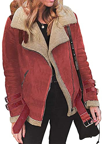 YMING Femmes Faux Suede Veste Manches Longues Lapel Outwear Casual Peau De Mouton Veste Rouge XXL