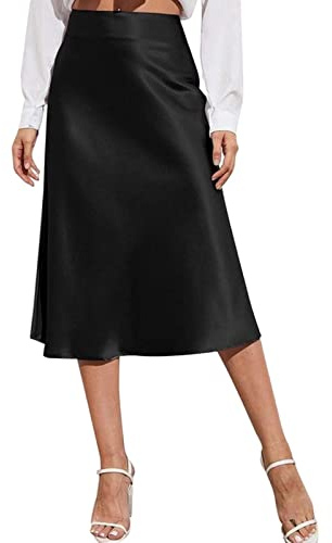 COTCLO Falda larga de gasa para mujer, falda midi de cintura alta, vestido de satén de color sólido, con cremallera, faldas de verano para mujer, color negro, talla M