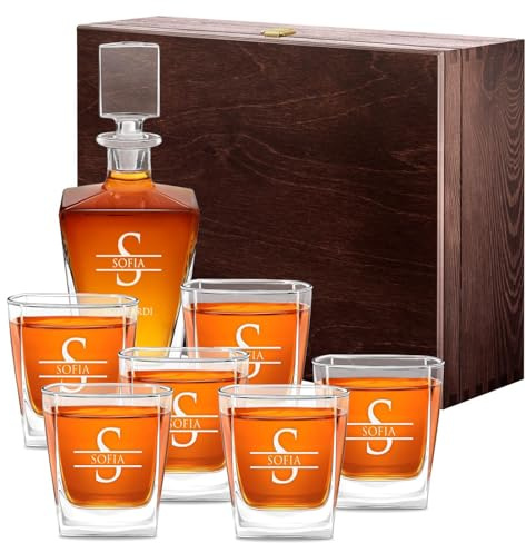 Maverton set caraffa + 6 bicchieri per whisky - Decanter in vetro da 800 ml - Incisione personalizzata - Set per il whisky in cristallo - Per compleanno - Per la tua Lei - Iniziale