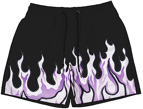 BOOMLEMON Men's Basketball Shorts Casual Workout Athletic Shorts Mesh Flame Graphic Print Running Short Pants(Black L)