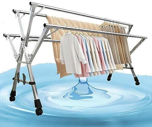 Tendedero De Ropa Plegable Grande, Acero Inoxidable, Estante De Secado 5 Varillas con Ruedas, Tendedero Exterior (160cm/63in)