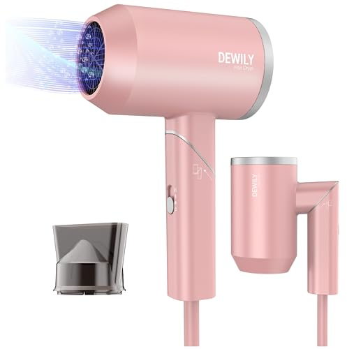 DEWILY Secador Pelo Viaje Profesional Potente, Secador de Pelo Ionico 1800W, 3 Temperaturas, Secadores de Pelo Plegable Pequeñ con Concentrador y Bolsa, Hair Dryer (Rosa-1 Boquilla)