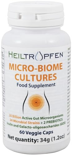 Micro-Biome Cultures | Digestive Probiotic + Prebiotic | 24 Strains | 20 Billion CFU | 60 Capsules | Active Gut | Inulin and GOS | Food Supplement | Heiltropfen®