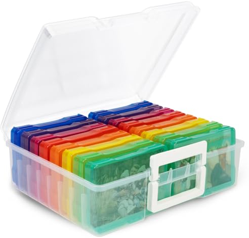 HEFTMAN 4 x 6 Rainbow Photo Boxes - Transparent Photo Storage Box with 16 Inner Photo Storage Boxes, Holds 1600 Photos - Seed Storage Box Organiser - Photos, Office Supplies, Stickers, Cables (4 x 6)