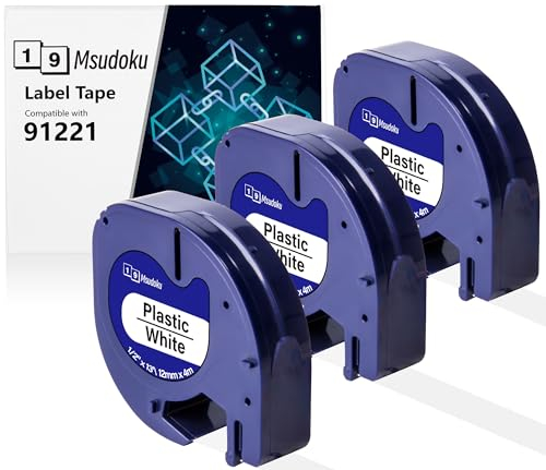3x Msudoku Kompatibel mit Dymo 91221 12mm x 4m Etikettenband Kompatibel für Dymo Letratag Plastic White Schriftband S0721660 für Letra tag LT100H LT100T QX50 XR XM 200B