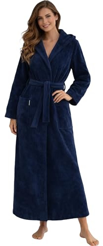 Morgenstern Peignoir extra long à capuche pour femme - En tissu éponge doux - Velours - Certifié Öko-Tex Geena - Longueur mollet, bleu foncé, L taille tall