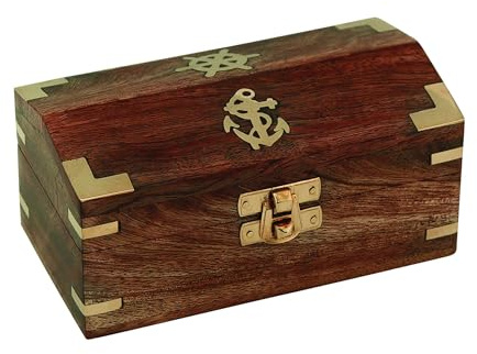NKlaus Cofre del tesoro de madera de mango y latón, 14,5 x 7,5 x 7 cm, decoración retro marítima, baúl compacto 15988