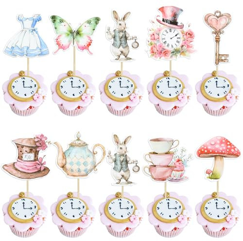 Ephlyn 36 topper per cupcake nel paese delle meraviglie, decorazioni per torte a forma di farfalla e fiori, con orologio, per baby shower, compleanni, feste di compleanno per bambini