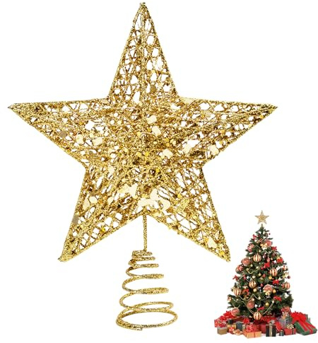 KEYIDO Small Star Mini Tree Topper Gold Star for Christmas Tree Metal Xmas Stars Toppers for Top of Tree Ideas Ornament Glitter Decor on Tree 15 * 12 cm