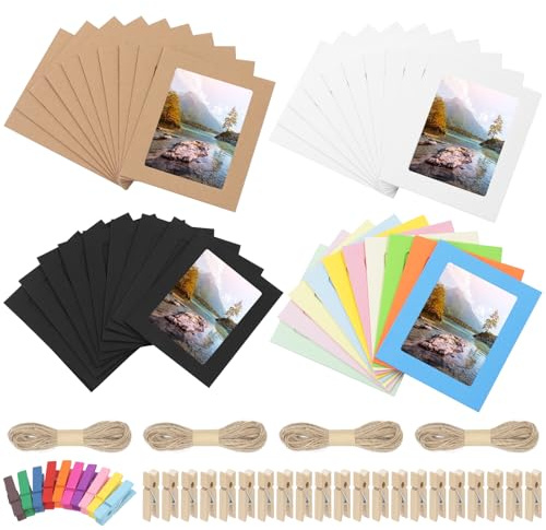 Swpeet 64Pcs Colorful 4 Inch Paper Photo Frames Set, Hanging Photo Display Frames, Cardboard Picture Frames, Colored/Khaki/White/Black Hanging Album Frame Each for 10Pcs, 20Pcs Clips, 4Pcs String