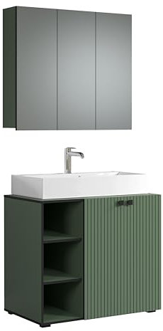 trendteam smart living - PureBliss - Juego de muebles de baño - Verde con aspecto de ranura - Muebles de baño con elegantes asas metálicas - 90 x 186 x 53 cm - Armario para lavabo con 3 compartimentos