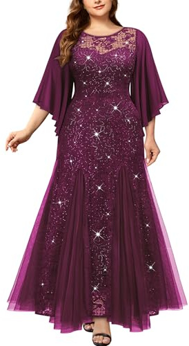 MISSMAY Women's Plus Size Elegant Butterfly Sleeve Chiffon Floral Sequin Lace Contrast Mesh Mermaid Hem Evening Party Long Dress (4XL, Maroon)