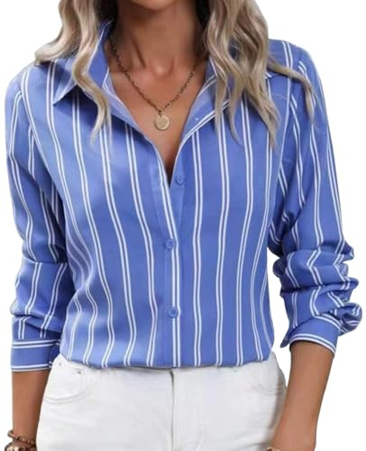 MINTLIMIT Womens Button Down Shirts Striped Classic Long Sleeve Collared Office Work Blouses Tops