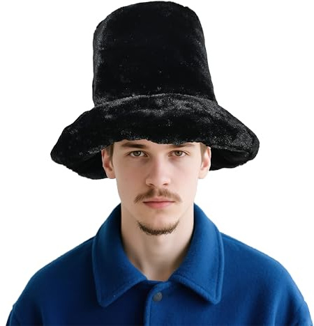 ZNTU 7 Inch Tall Black Fur Top Hat Fluffy Stovepipe Hat-Fake Fur Bucket Hats Jk Style Furry Headwear for Women Men