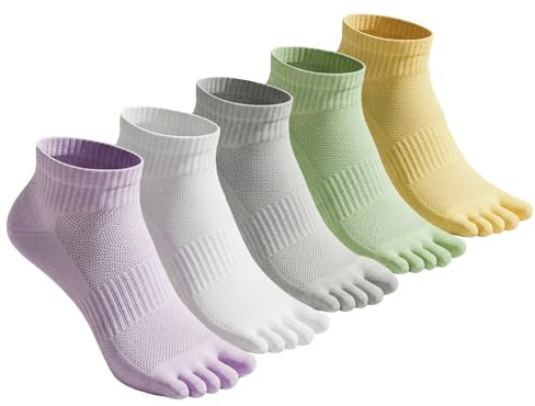 Sunolkie 5 Pares de Calcetines Tobilleros Mujer para Running, Calcetines Deportivos de Algodón con Cinco Dedos, Acolchados para Entrenamiento