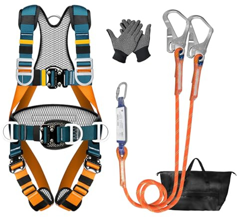 JAOGAUS Harnais de sécurité anti chute complet avec longes absorbeur, 140 kg, rembourrage respirant, boucles rapides, baudrier elagage, harnais de securite homme pour toiture, travaux en hauteur