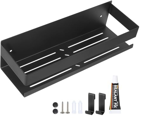 EXLECO Duschablage Ohne Bohren 30CM 7.5cm Hoch, Duschregal Wand Edelstahl Badregal mit 2 Haken, Duschkorb Selbstklebende Bad Regal Badezimmer Dusche Halterung Wandregal für Shampoo Duschgel Schwarz