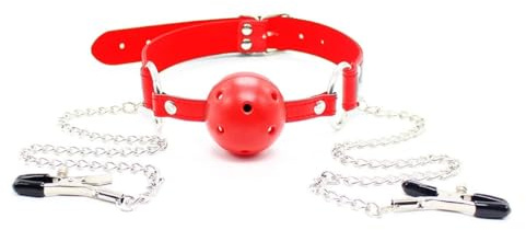 WEJFHBCOV Mordaza de bola de silicona transpirable SM con pinzas ajustables for pezones, mordaza bucal, juguete sexual BDSM for hombres y mujeres, parejas.(Rot)