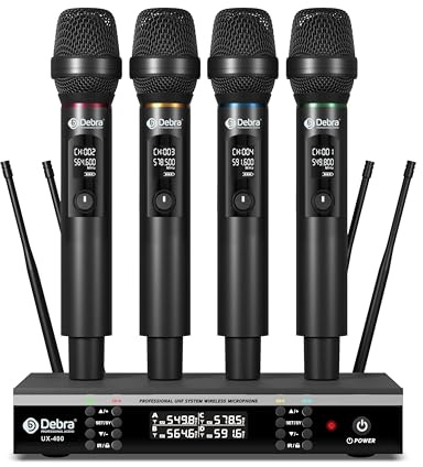 Debra UHF Wireless Microphone System, Lightweight All - Metal Receiver, 4 Channel Rechargeable Mics with Auto Frequency Scan, 80m Range for Karaoke, Stage, Live Stream