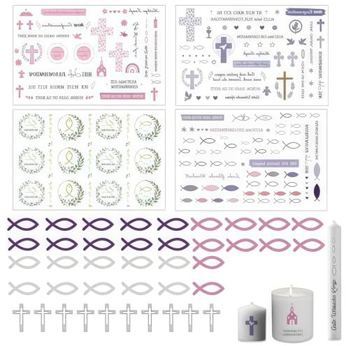 Set Decorazione Candele Comunione con 4 Tatuaggi per Candele, 30 Decorazioni in Legno, 10 Croci in Legno, Adatto per Eventi Religiosi, Feste e Regali