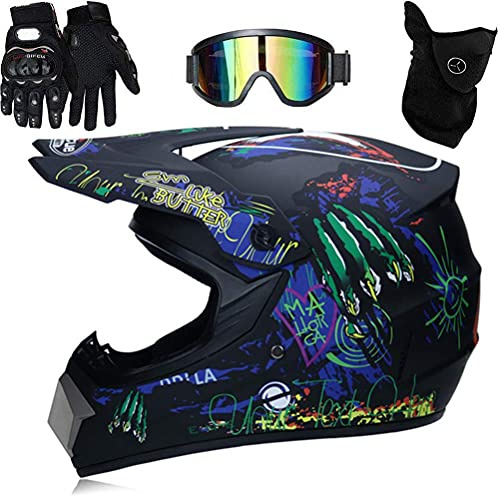 Motocross Helm, Fullface mit Handschuhe Maske Brille, Erwachsener Motorrad Downhill Full Face Helm, Downhill Motorradhelm Kinder ATV Motorradhelm Road Helm (M)