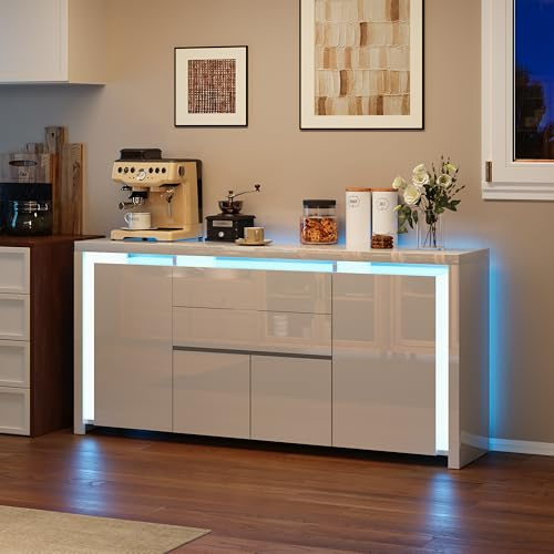 KSFASHZ Credenza Bianco Lucido con LED, Moderno Madia Buffet con 4 Ante e 2 Cassetti, Mobile TV Sideboard per Sala da Pranzo,Soggiorno e Cucina, 160x35x75 cm