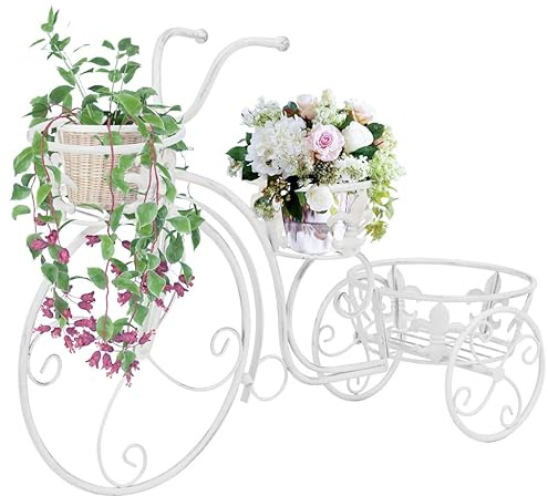 sephironlbb Scala per fiori a forma di bicicletta, stile vintage, in metallo, con 3 supporti, bianco anticato, 77 x 26 x 50 cm, per giardino, balcone, terrazza, soggiorno, scaffale decorativo per