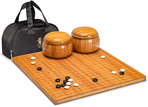 Yellow Mountain Imports Bambus 2 cm Geätzt Wendbar 19 x 19/13 x 13 Go-Spielbrett-Set mit Doppelt Konvexen Koreanischen Gehärteten Glas Paduk Go-Steinen und Bambus-Schalen