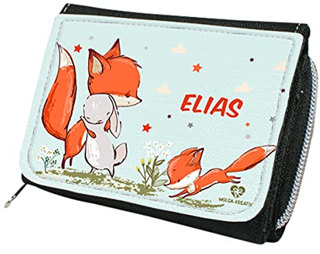 wolga-kreativ Personalisiertes Geldbeutel Kinder mit Namen - Portemonnaie für Mädchen oder Junge mit Fuchs und Hase Motiv - Geldbeutel Mädchen Junge Kinder Geschenk mit Namen