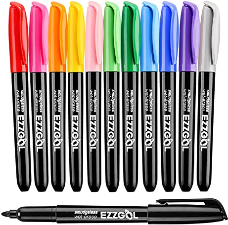EZZGOL 12-Color Bullet Tip Wet Erase Markers for Transparency, Whiteboards, Glass and More - Wipe with Water