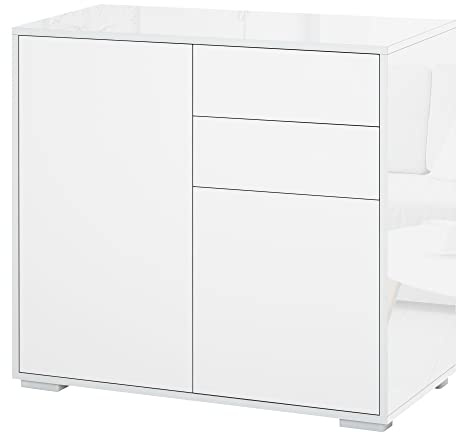 HOMCOM Mobiletto 2 Cassetti e 2 Ante, Apertura a Pressione, Mobile con 2 Cassetti e 2 Ante per Casa e Ufficio, 79x36x74cm, Bianco Opaco