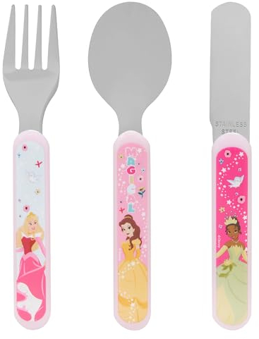 Disney Princess 3-teiliges Besteckset – Metall, wiederverwendbares Kindermesser, Gabel & Löffel, Kindergröße, aus lebensmittelechtem Edelstahl & ABS-Kunststoff – mit Belle, Tiana & Aurora – ab 12