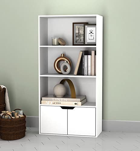 URBNLIVING 4 Tier Wide Wooden Bookcase Cupboard with 2 Doors Storage Shelving Display Shelf Cabinet Unit (White with White Doors)