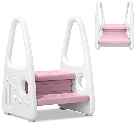 TRMLBE Sgabello per Bambini a Due Gradini in Plastica Antiscivolo con Corrimano Torre di Apprendimento Scala a Pioli per Bagno in Camera dei Bambini (Rosa)