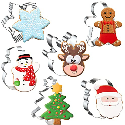 FUSOTO 6PCS Christmas Cookie Cutters, Holiday Xmas Cookie Cutters Christmas Shapes - Gingerbread Man, Snowflake, Snowman, Christmas Tree, Reindeer, Santa Face for Cookie Baking