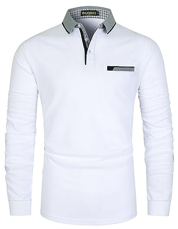 VHUQGVU Mens Stylish Polo Cotton Long Sleeve Contrasting Color Regular Top Golf Shirt,White,XXL