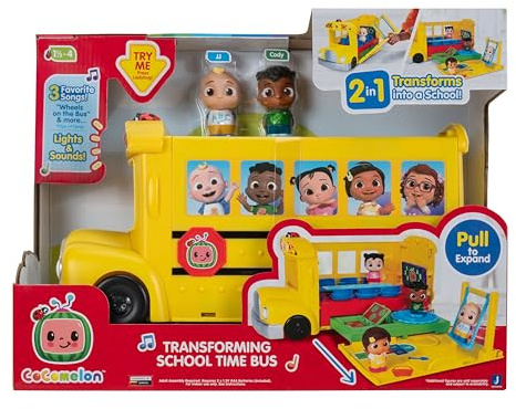 CoComelon Transforming School Time Bus - Lights and Sounds - 3 Favourite Songs - 6 Areas of Play - Removable JJ and Cody Figures - Toys for Kids and Preschoolers