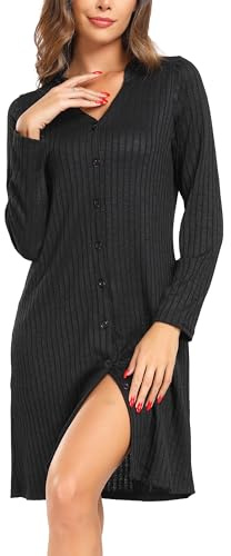 Vlazom Camicia da Notte a Maniche Lunghe Camicie da Notte da Donna con Bottoni Scollo a V，Nero，XXL