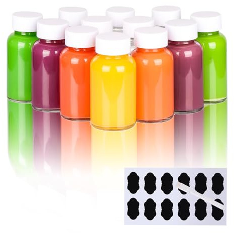 YBCPACK 12 Stück Ingwer Shot Flaschen zum Befüllen 120ml | Kleine Shot Glasflaschen mit Etiketten und Stift,Shotgläser mit Deckel für Ingwershots, Detox Drinks & Spirituosen | Spülmaschinenfest