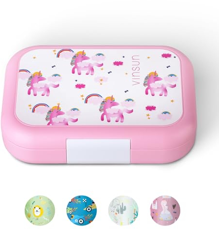 VINSUN Lunchbox für Kinder mit 4 Fächern - Auslaufsicher, BPA frei, spülmaschinengeeignet - Rosa Bento Box mit Einhorn Motiv für Kindergarten, Grundschule, Ausflüge