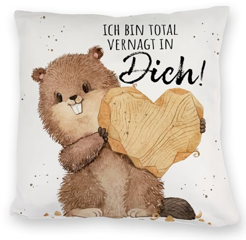 speecheese Biber Kuschelkissen mit Spruch Ich Bin total vernagt in Dich Liebevolle Partner-Romantik Valentinsgeschenk Nagetier Liebesbote zum Valentinstag