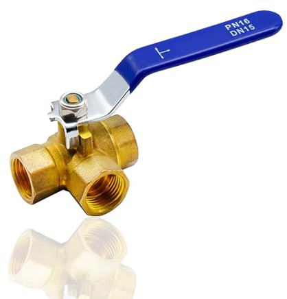 ieron 3-Way Ball Valve DN15 (T-Port) Pipe T Type Brass Ball Valve 1/2 Inch BSP Female Brass, Stainless Steel Lever Handle