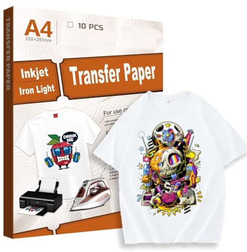 Creatorally Inkjet T Shirt Transfer Paper for Light Fabrics A4 10 Sheets, Iron On Heat Transfers Film for White Textiles for Inkjet Printer and Laser Printers (Standard)
